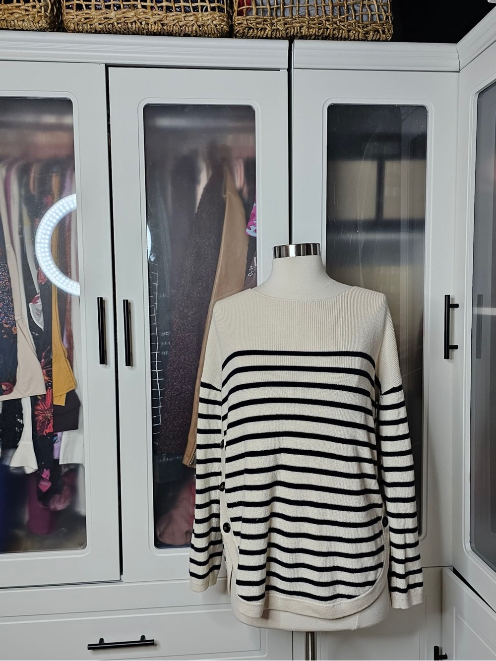 Sezane Cream and Black Striped Crewneck Sweater